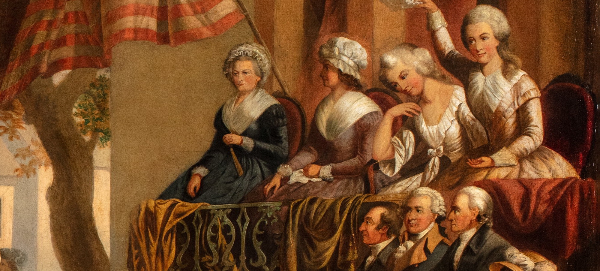 A painting depicting George Washington's entry into New York in 1783, showing throngs of people celebrating with Washington on horseback.
Unidentified artist, Entry of George Washington into New York in 1783, ca. 1857–1866, The New York Historical, Promised gift of Elie and Sarah Hirschfeld, Scenes of New York City, IL2021.51.2
