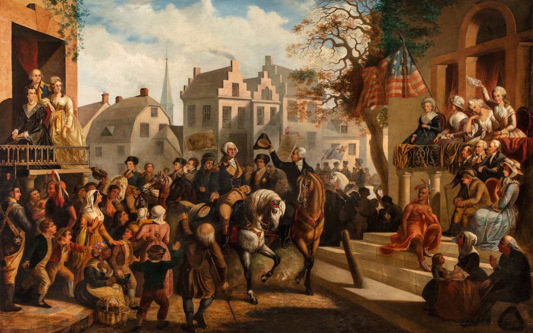 A painting depicting George Washington's entry into New York in 1783, showing throngs of people celebrating with Washington on horseback.
Unidentified artist, Entry of George Washington into New York in 1783, ca. 1857–1866, The New York Historical, Promised gift of Elie and Sarah Hirschfeld, Scenes of New York City, IL2021.51.2