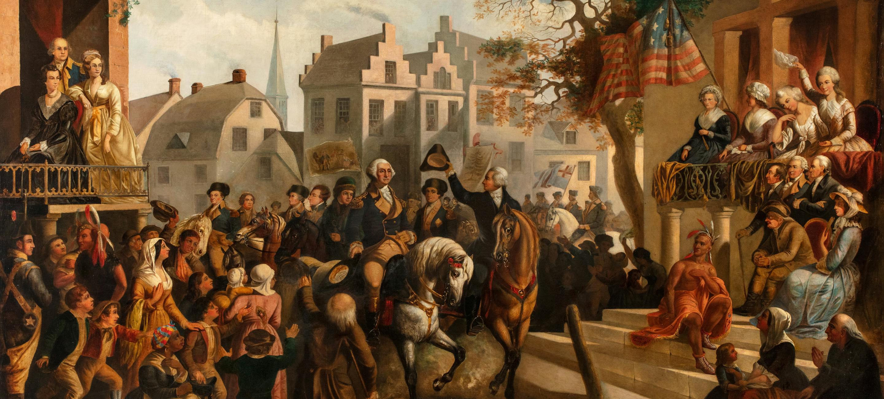 A painting depicting George Washington's entry into New York in 1783, showing throngs of people celebrating with Washington on horseback.
Unidentified artist, Entry of George Washington into New York in 1783, ca. 1857–1866, The New York Historical, Promised gift of Elie and Sarah Hirschfeld, Scenes of New York City, IL2021.51.2