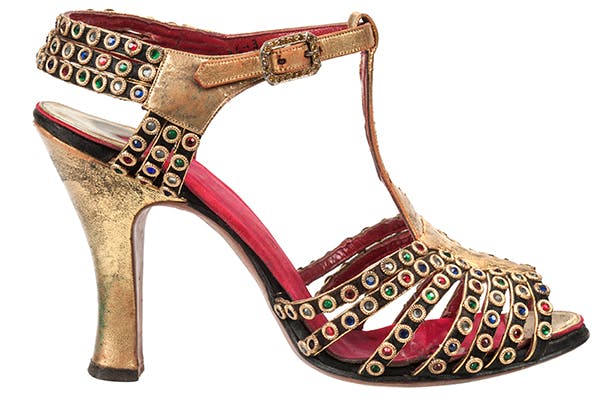T-strap evening sandals, ca. 1940s. Leather, silk, rhinestones. Stuart Weitzman Collection, no. 99. Photo credit: Glenn Castellano, New-York Historical Society