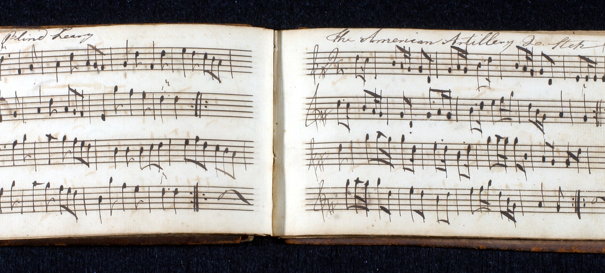 Handwritten musical notation for American Artillery Quick Step and Blind Leary. William Morris tune-book, 1776-1777.